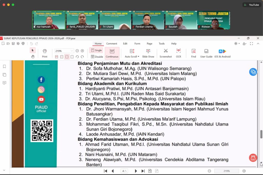 Kaprodi dan Dosen PIAUD UNUGIRI Resmi Dilantik Menjadi Pengurus Pusat PPIAUD Indonesia Periode 2026-2029